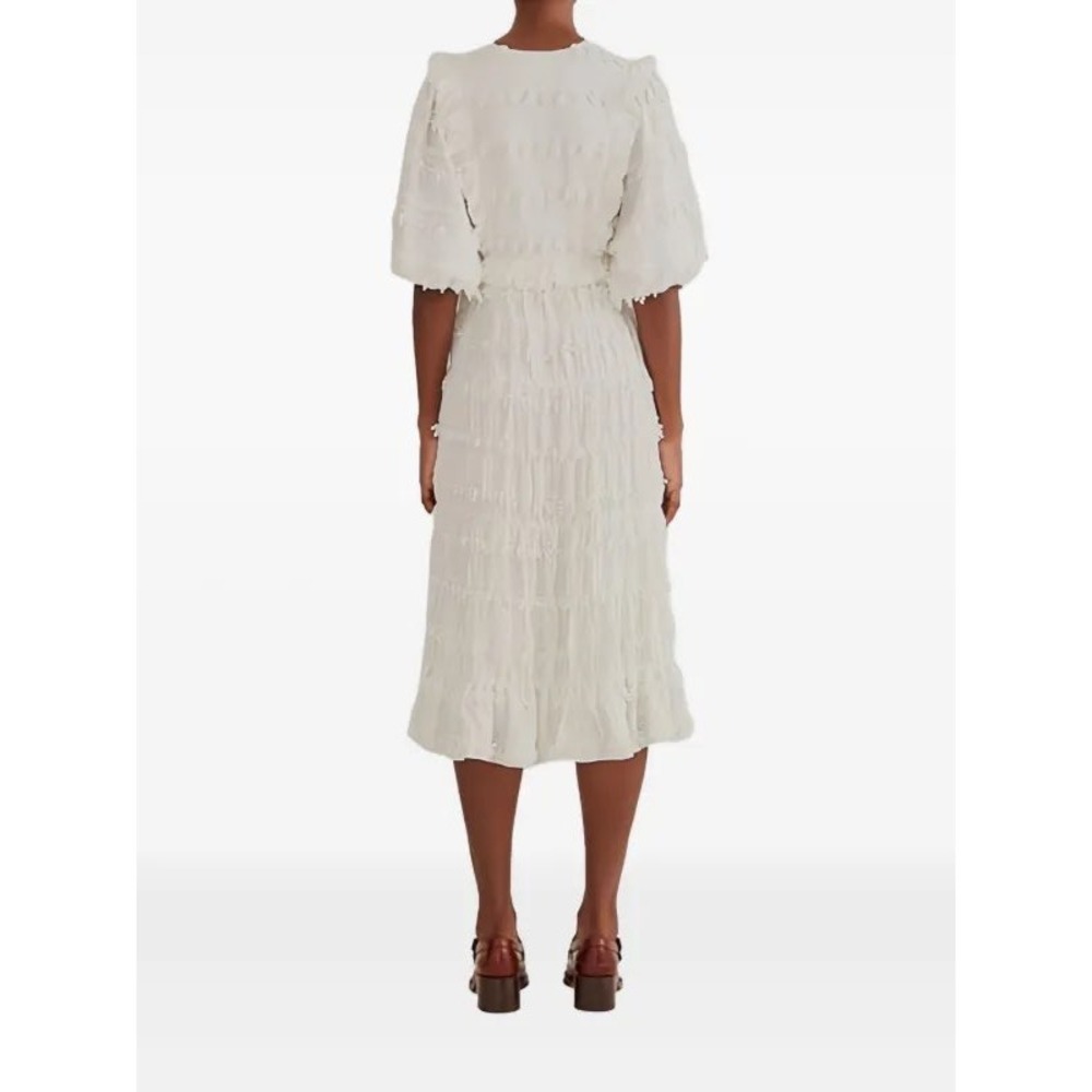 Farm Rio Ruffles Trim Off-White Midi Dress Puff Sleeve Tiered Pom-Pom Size M NEW - Picture 2 of 5